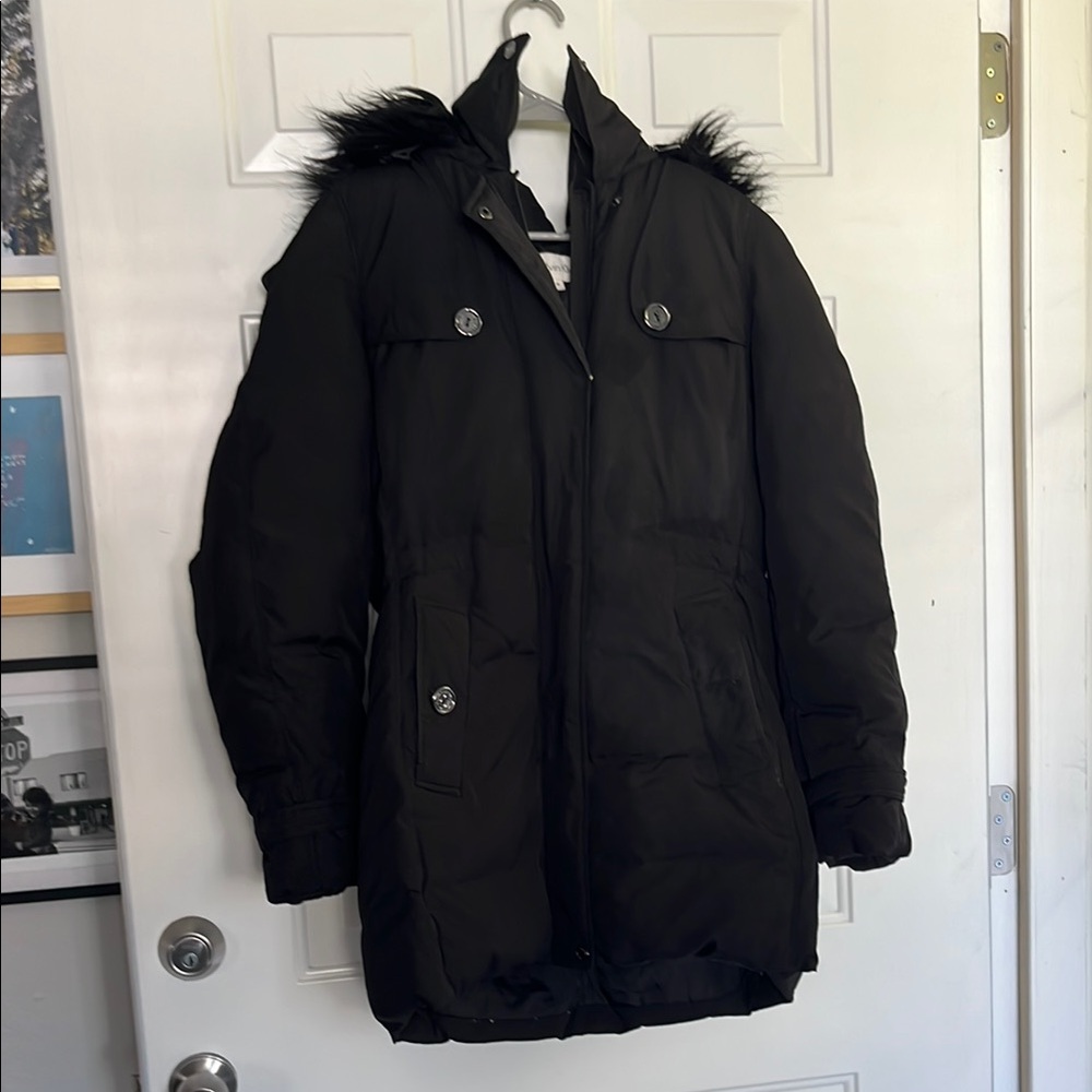 Calvin Klein Black Puffer Coat with Fur-Trimmed Hood